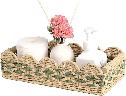 Scalloped Toilet Paper Basket: Handwoven Wicker Tank Topper Organizer for Farmhouse & Boho Home Decor