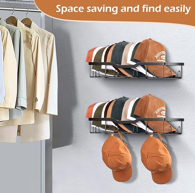 KEETDY Metal Hat Racks for Baseball Caps Wall Hat Organizer Fit 48 Caps Holder, 2 Packs Sturdy Wall Mounted Hat Storage Organizer, Black, Patent: US D1,041,201 S