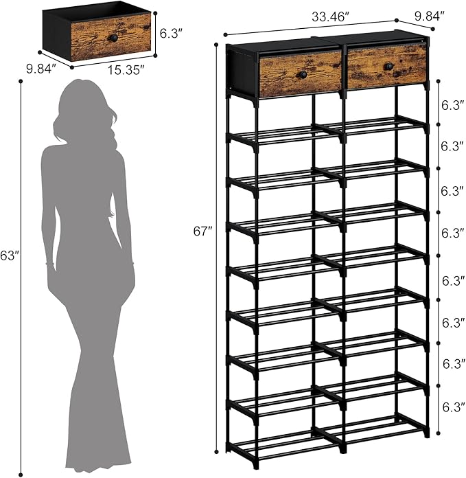 Tall Shoe Rack, 10 Tier Large Shoe Rack Organizer with 2 Drawers, Shoe Storage for 36-40 Pairs, Sturdy Metal Shoe Shelf Shoe Stand for Closet Entryway, Rustic Brown and Black