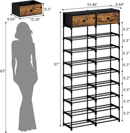 Tall Shoe Rack, 10 Tier Large Shoe Rack Organizer with 2 Drawers, Shoe Storage for 36-40 Pairs, Sturdy Metal Shoe Shelf Shoe Stand for Closet Entryway, Rustic Brown and Black