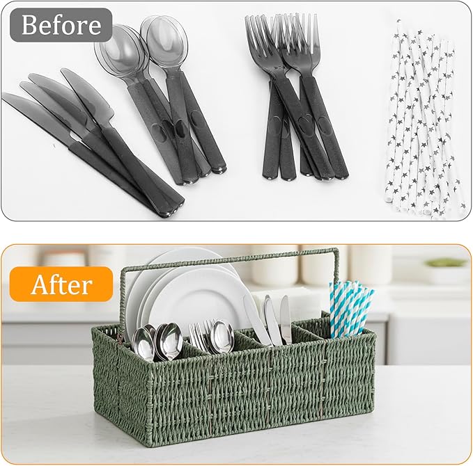 Utensil Holder, Hand Woven Silverware Caddy, 5 Compartments Flatware Organizers, Paper Plate Dispenser with Handle, Kitchen Countertop Organizer for Spoons Forks Plates Napkins, Green