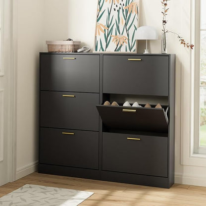 LYNSOM Shoe Cabinet Set of 2, Free Standing Tipping Bucket Shoe Rack Organizer with 3 Flip Drawers, Modern Entryway Shoe Storage with Top Display, Narrow Slim Hidden Shoe Cabinet (Black)