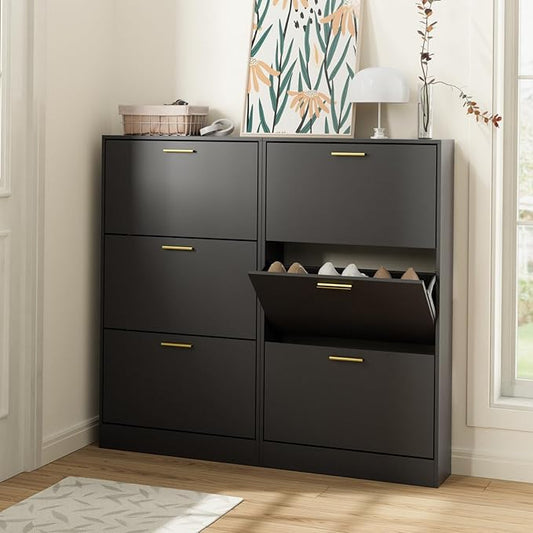 LYNSOM Shoe Cabinet Set of 2, Free Standing Tipping Bucket Shoe Rack Organizer with 3 Flip Drawers, Modern Entryway Shoe Storage with Top Display, Narrow Slim Hidden Shoe Cabinet (Black)