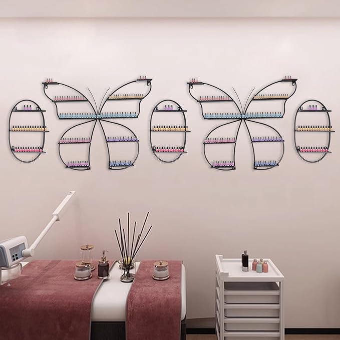 Butterfly Wall-Mounted Nail Polish Rack Set of 5-11LBs/Rack Capacity, Adjustable Cosmetic Display for Salon & Home Spa (Black)