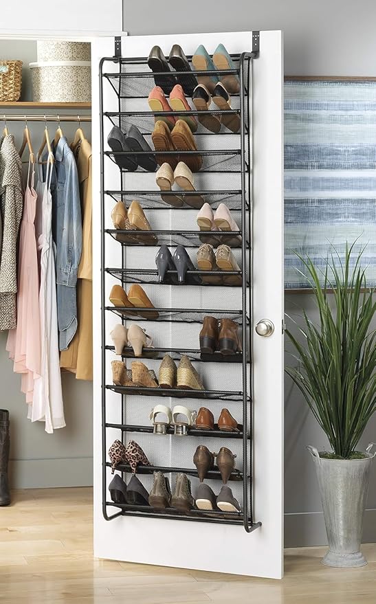 Plexon Over The Door Shoe Rack, 36 Pair, 69" H x 21.6" W x 7.5" L, Metal Gray