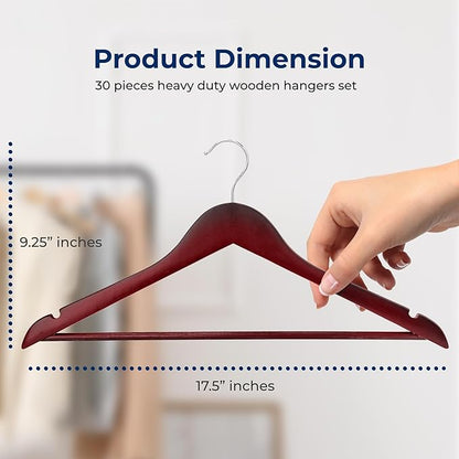 SereneLife Premium Wooden Hangers 30 Pack - Heavy Duty & Durable Coat Hanger - Wood Hanger with 360-Degree Rotatable Hook - Clothes Hangers with Non-Slip Shoulder Notches for Shirts & Coats (Cherry)