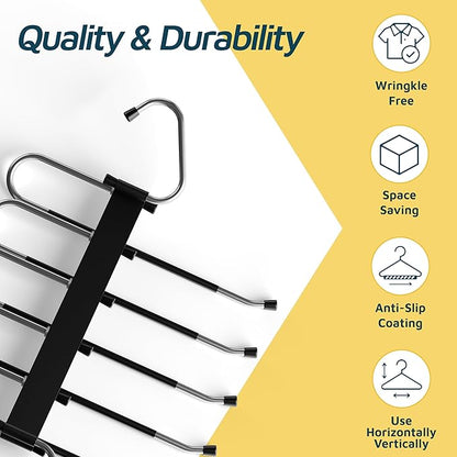 Black Space Saving Pants Hangers 2 Pack, 6 Layer Jeans Hangers & Closet Organizer for Jeans, Scarves, Skirts, Multi-Layer Hanger with Anti-Slip Coating & Stopper, Heavy-Duty S-Type Stainless Steel