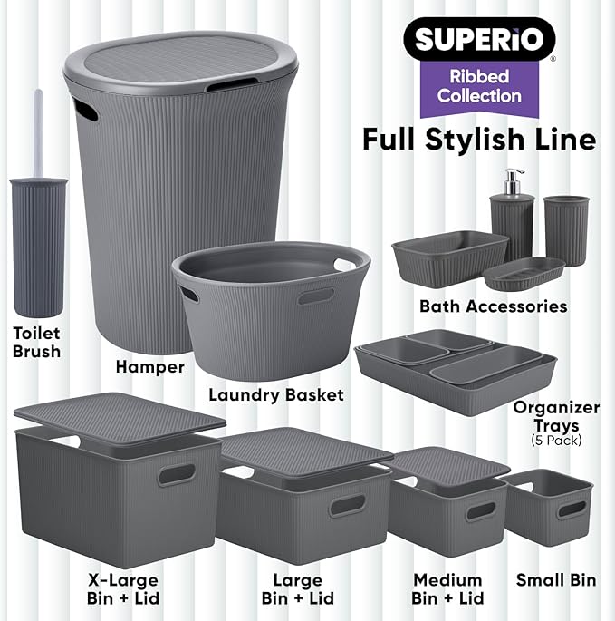 Decorative Plastic Basket Lidded Home Storage Bins Organizer Baskets, X-Large Grey (1 Pack - 22 Liter) Stackable Container Box, for Organizing Closet Storage Bins for Shelves - Ribbed Collection