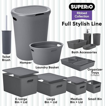 Decorative Plastic Basket Lidded Home Storage Bins Organizer Baskets, X-Large Grey (1 Pack - 22 Liter) Stackable Container Box, for Organizing Closet Storage Bins for Shelves - Ribbed Collection