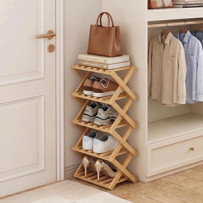 Narrow Shoe Rack, Foldable Bamboo Shoes Shelf for Small Spaces, Multifunctional Vertical Shoe Organizer Tall for Entryway, Closet, Corner, Bedroom, Hallway (Wood Color, 5 Layers)