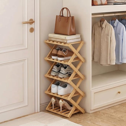 Narrow Shoe Rack, Foldable Bamboo Shoes Shelf for Small Spaces, Multifunctional Vertical Shoe Organizer Tall for Entryway, Closet, Corner, Bedroom, Hallway (Wood Color, 5 Layers)