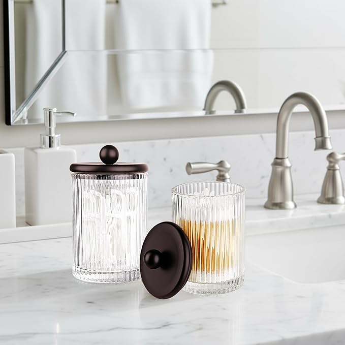 SheeChung 2-Pack Bronze Ribbed Glass Qtip Holder - Apothecary Jars Bathroom Organizer with Metal Lids - Countertop Vanity Canister Set for Cotton Swabs, Rounds, Pads, Floss Picks