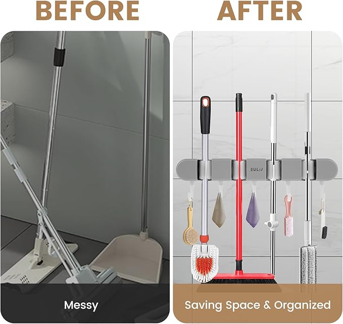 2Pcs Broom Holder Wall Mount, No-Drilling Self-Adhesive Mop and Broom Storage Rack with Hooks (4 Racks with 5 Hooks), Wall-Mounted Broom Hanger for Bathroom, Kitchen, Closet, Garage (Grey)