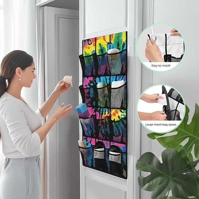 Hanging Shoe Organizer,Blend Pattern Shoe Organizer Door Hanger with 12 Mesh Large Pockets,Behind Door Shoes Hang Holder Rack Waterproof Reusable