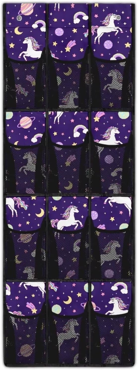 Lucky Horse Behind Door Organizer 12 Pockets Over The Door Shoe Organizer for Closet Rainbows Wall Hanging Storage Cookies Multi-Funtion Storage Bag