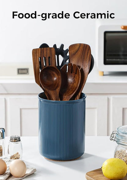 LoeJan Utensil Holder, Extra Large Utensil Crock, Stable Ceramic Utensil Organizer, Cooking Tool Organizer Set for Kitchen Counter Farmhouse Décor, Blue