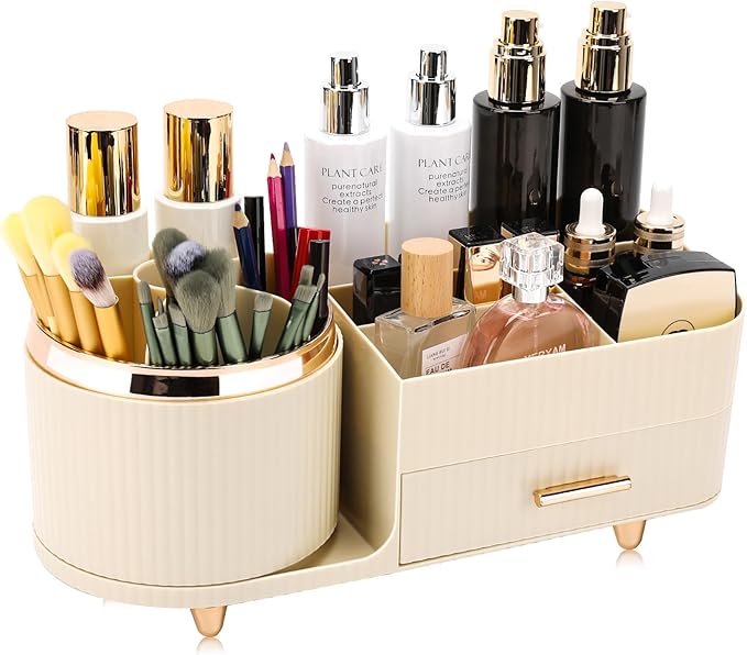 Beborxue 360° Rotating Makeup Organizer for Vanity with Drawers, Large Capacity Cosmetic Display Case, skincare organizer, Cosmetic Organizer for Lipstick, Skincare, Brushes, Eyeshadow, (Rice White)