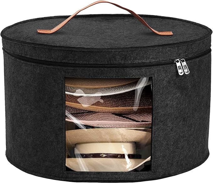 Hat Box, Travel Hat Storage Box, Foldable Space-saving Hats Boxes Organizer for Men & Women Storage, Stackable Hats Carrier Case for Round Brim, Cowboy, Panama, Tweed Caps - Black