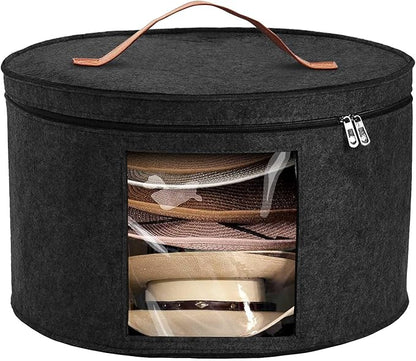 Hat Box, Travel Hat Storage Box, Foldable Space-saving Hats Boxes Organizer for Men & Women Storage, Stackable Hats Carrier Case for Round Brim, Cowboy, Panama, Tweed Caps - Black