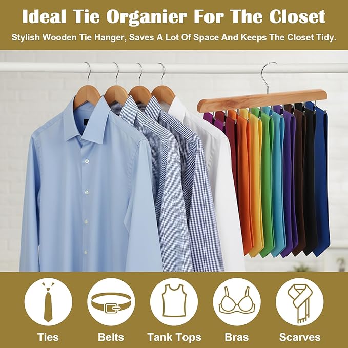 3 Pack Tie Rack Belt Hanger for Closet Fitnice Upgraded Non Slip Tie Hanger Space Saving with 20 Foldable Hooks Wooden Belt Organizer for Tank Tops Bras Cami Scarves