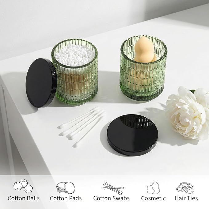 Bathroom Storage Organizer - 2 Pack Glass Qtip Holder Dispenser, Vanity Organizer, Bathroom Essentials Decor Canister for Cotton Swabs, Cotton Balls, Pads, Floss Picks (Green)