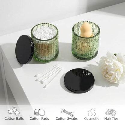 Bathroom Storage Organizer - 2 Pack Glass Qtip Holder Dispenser, Vanity Organizer, Bathroom Essentials Decor Canister for Cotton Swabs, Cotton Balls, Pads, Floss Picks (Green)
