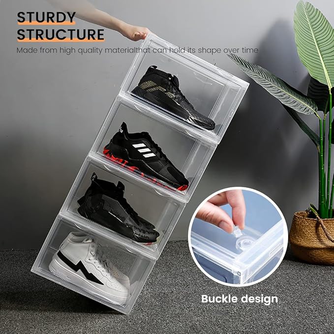 Shoe Boxes Clear Plastic Stackable, Harder Shoe Storage Boxes with Lids, Powerful Load-Bearing, Space Saving and Easy Assembly for Kids Men Women (Black)