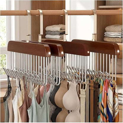 CTESNE【4 Pack】 Belt Hanger for Closet,Wooden Tie Rack Hangers for Men with 8 Hooks, Space Saving Tie Holder Organizer,Closet Storage for Belts,Ties,Bras,Scarves,Tank Tops
