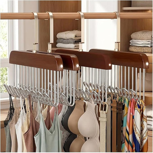 CTESNE【4 Pack】 Belt Hanger for Closet,Wooden Tie Rack Hangers for Men with 8 Hooks, Space Saving Tie Holder Organizer,Closet Storage for Belts,Ties,Bras,Scarves,Tank Tops