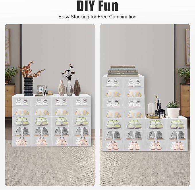 20pcs Stackable Shoe Covers Storage Box, Foldable Plastic Shoe Boxes Drawer Storage Cabinet Organiser Box for Closet Bedroom Bathroom (32.6 * 24 * 14cm)