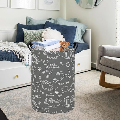 Round Cute Dinosaur Laundry Basket,Collapsible Laundry Hamper for Nursery,Toy Storage Bin for Kids Boys,Waterproof Storage Basket for Home,Bedroom, Playroom,New Parent Gift(Gray Line Dinosaur)