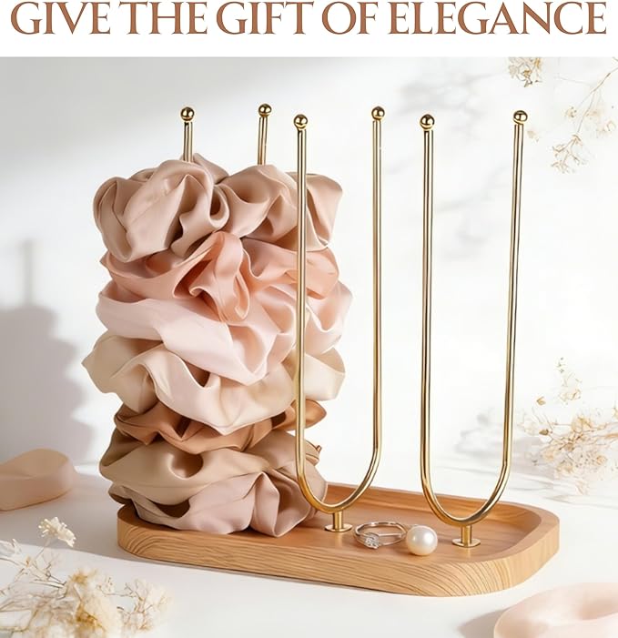 NEWLOOP Scrunchie Holder for Women - Triple Storage 3 Rotating Rods 6-Arm Hair Accessory Organizer with Jewelry Tray Wood & Metal Collection Holder Gift for Loved Ones Natural