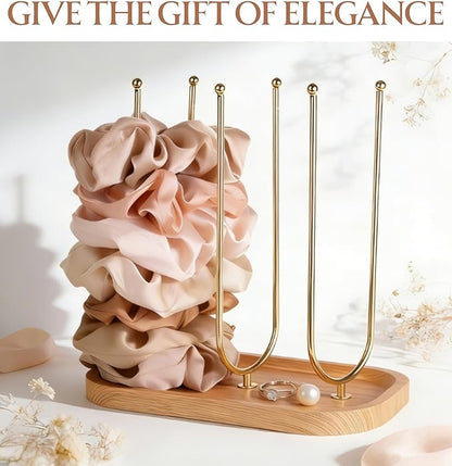 NEWLOOP Scrunchie Holder for Women - Triple Storage 3 Rotating Rods 6-Arm Hair Accessory Organizer with Jewelry Tray Wood & Metal Collection Holder Gift for Loved Ones Natural