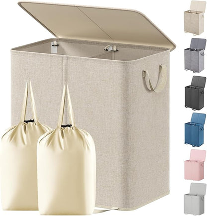 Lifewit Double Laundry Hamper with Lid and Removable Laundry Bags, Large Collapsible 2 Dividers Dirty Clothes Basket with Handles for Bedroom Laundry Room Closet Bathroom College, 144L Beige