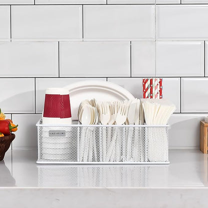VIKEYHOME Paper Plate Organizer, Metal Silverware Caddy with 6 Compartments for Knives, Spoons, Cups, Forks, Napkins, Utensil Holder for Party, Camping, Picnic, White