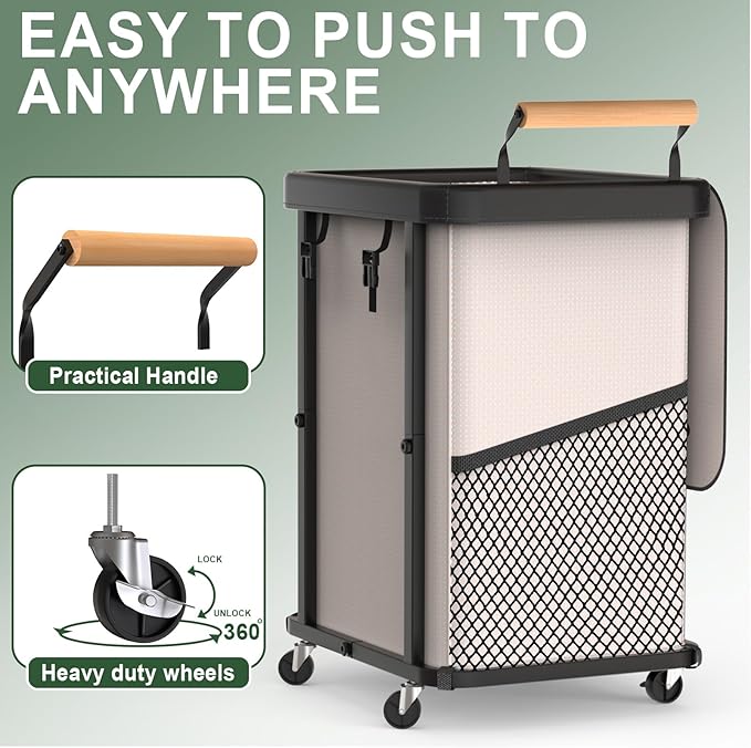 150L (40 Gal) Extra Large Fashion Laundry Basket with Wheels, Rolling Basket Hamper with Handle, Organizer Storage Cart with Sturdy Metal Frame for Laundry Room - White