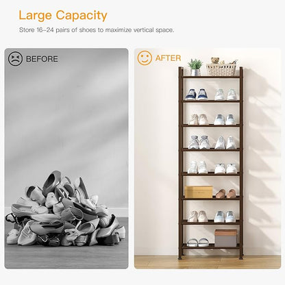 usikey 8 Tiers Narrow Shoe Rack 16-24 Pairs, Sturdy Metal Tall Shoe Rack with 4 Hooks, Slim Shoe Storage Organizer with Metal Shelf, Space Saving Vertical Shoe Shelf for Entryway BronzeUNYXJX016A