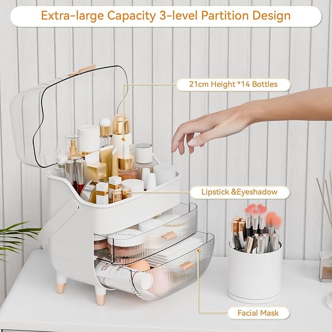 Yieach Countertop Makeup Organizer With Lid,Large Skincare Organizers With 2 Drawers,Dustproof Cosmetic Display Cases for Bathroom,Dresser,Lotion,Beauty,Skin Care Holder,Makeup Storage Organizer,Pink