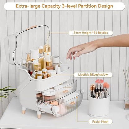 Yieach Countertop Makeup Organizer With Lid,Large Skincare Organizers With 2 Drawers,Dustproof Cosmetic Display Cases for Bathroom,Dresser,Lotion,Beauty,Skin Care Holder,Makeup Storage Organizer,Pink