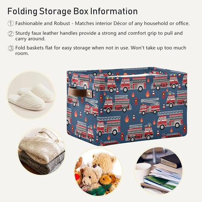 Fire Trucks Large Storage Basket Cube Storage Bin Canvas Fabric Organizer Handles Collapsible Decorative for Clothes Toys Bedroom
