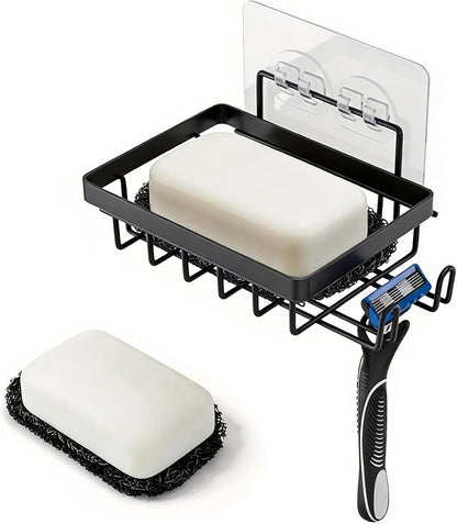 Adhesive Soap Bar Holder for Shower Wall with Soap Saver, Self Draining Soap Dish Container Caddy with 2 Hooks for Razor Loofah, Shampoo Sponge Tray Case Box for Bathroom Sink, Black