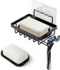 Adhesive Soap Bar Holder for Shower Wall with Soap Saver, Self Draining Soap Dish Container Caddy with 2 Hooks for Razor Loofah, Shampoo Sponge Tray Case Box for Bathroom Sink, Black