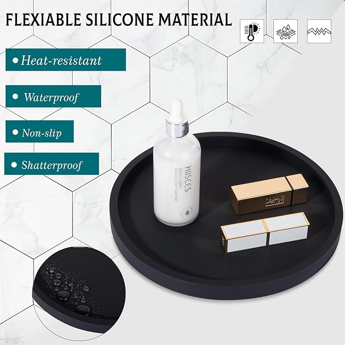 Silicone Bathroom Tray Round Vanity Tray Decorative Soap Holder Kitchen Countertop Organizer Coffee Table Decor for Candle, Perfume, Plant, 12 Inch, Black