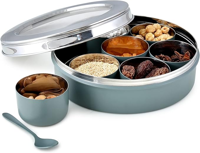 Elan Special Combo of Spice Box and Roti Papad Box | Multipurpose Containers for Kitchen | See Through 7 Compartment Spice Box with Spoon and Kitchen Storage Box (Stainless Steel, Pack of 2)