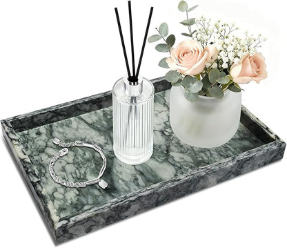 Pure Natural Marble Tray for Bathroom, Dresser, Sink. Cosmetics, toiletries, perfumes, Jewelry, Candles, etc. can be Placed (Lotus Green, 12" x 8" x 1.2")