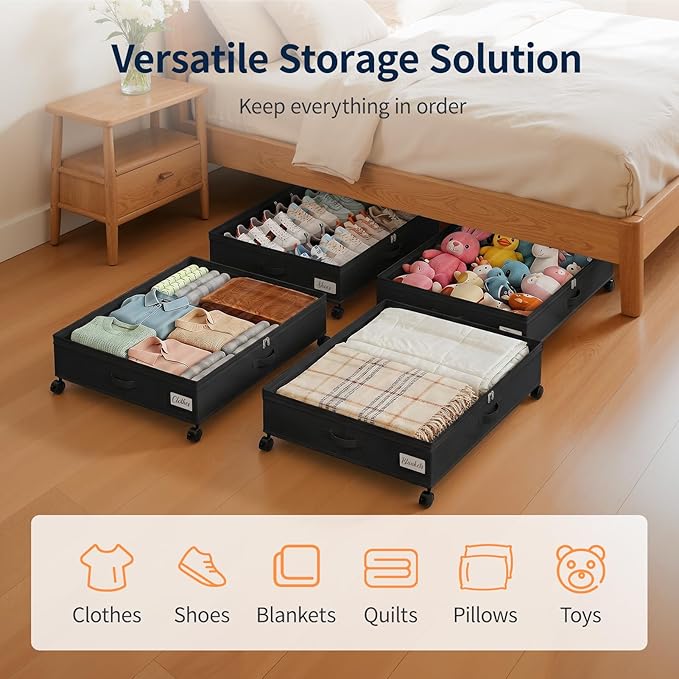 Yecaye 80L Under Bed Storage with Wheels, 2 Pack Under Bed Storage Containers with Lids for Clothes, Shoes and Blankets, Metal Rolling Underbed Storage Drawers for Bedrooms and Dorms, Black