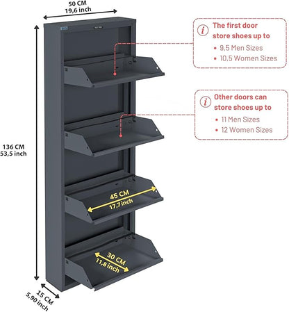 CEHA 4 Tier Metal Shoe Cabinet with Cover, Durable Shoe Storage Organizer for Entryway, Space Saving Shoe Shelf Closet, 5.91" x 53.5" x 19.68", Anthracite