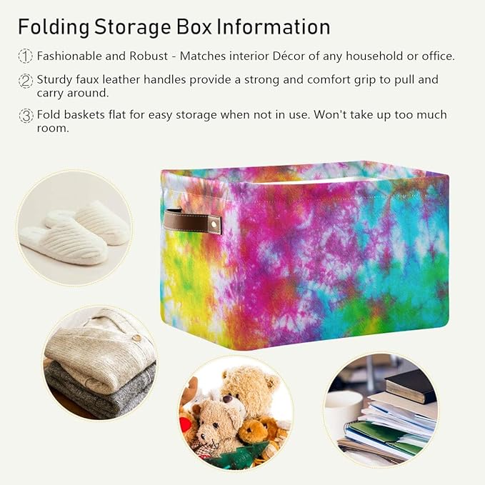 Colorful Tie Dye Pattern Storage Basket Bin, Large Cube Storage Box Canvas Collapsible Storage Organizer for Home Office Closet - 15 L x 11 W x 9.5 H