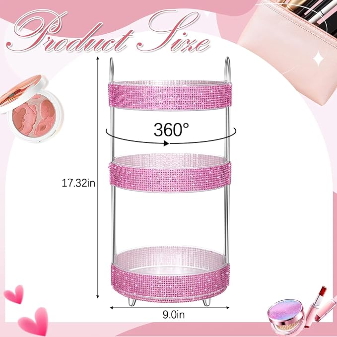 Honeydak 360 Rotating Perfume Organizer for Mother Day Nurse Day Rhinestone Bathroom Counter Organizer Makeup Holder Skincare and Perfume Storage for Cosmetic Countertop(3 Tiers,Resin Stone,Pink)