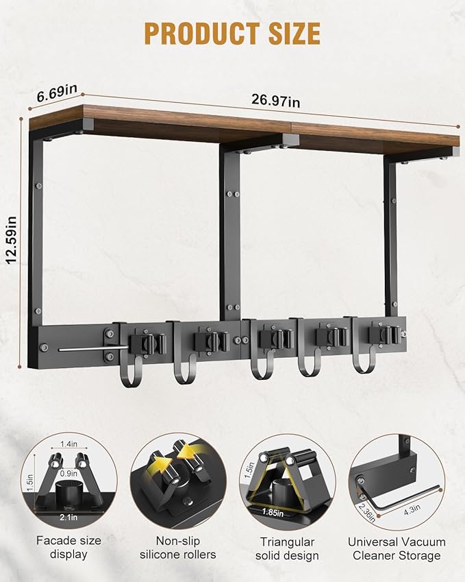 Supforce Broom Holder Wall Mount with Top Wooden Shelf, Heavy Duty Metal Cleaning Supplies Broom Hanger with Vacuum Organizer and 5 Slots & 5 Hooks for Laundry Garage Tool Storage Kitchen (Large)